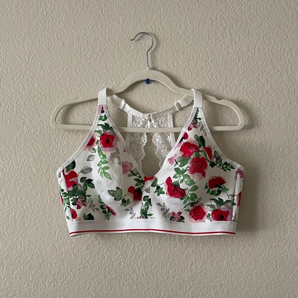 Cacique Rose Print Sports Bra Full Coverage No Wire Red Roses Wireless